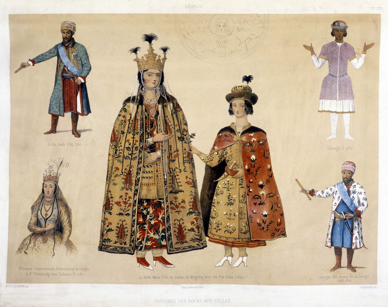16. ve 17. yüzyıllarda Gürcü kostüm panosu: Kral Irakli (1744 - 1798), Gheorghi X (1687), Prenses Chartchevadze (Gürcistan Büyükelçisi Catherine II 1780 altında St. Petersburg), Kraliçe Mary (Mingrelie Dadian