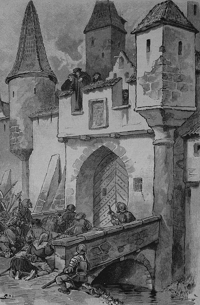 Alman Köylü Savaşı (1524-1526): Eberlin, Augstbruecke#39;den Erfurt#39;a kadar şehir insanlarıyla meşgul, Johann Eberlin Gunzburg bir Alman ilahiyatçı ve sosyal reformcuydu, Frankonya#39;da Reformasyon by Unknown artist