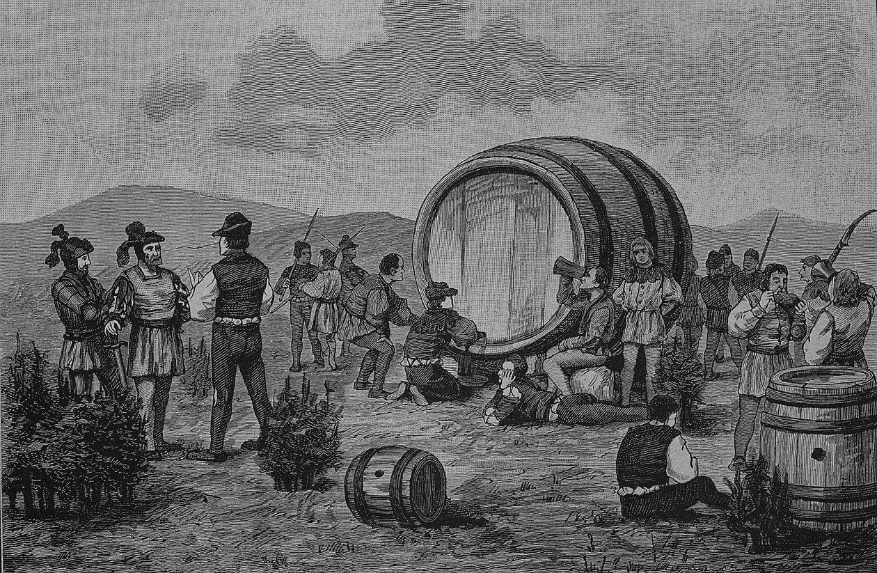 Alman Köylü Savaşı (1524-1526): Köylüler büyük bir şarap fıçısıyla ardıç ağaçlarında kamp kuruyor by Unknown artist