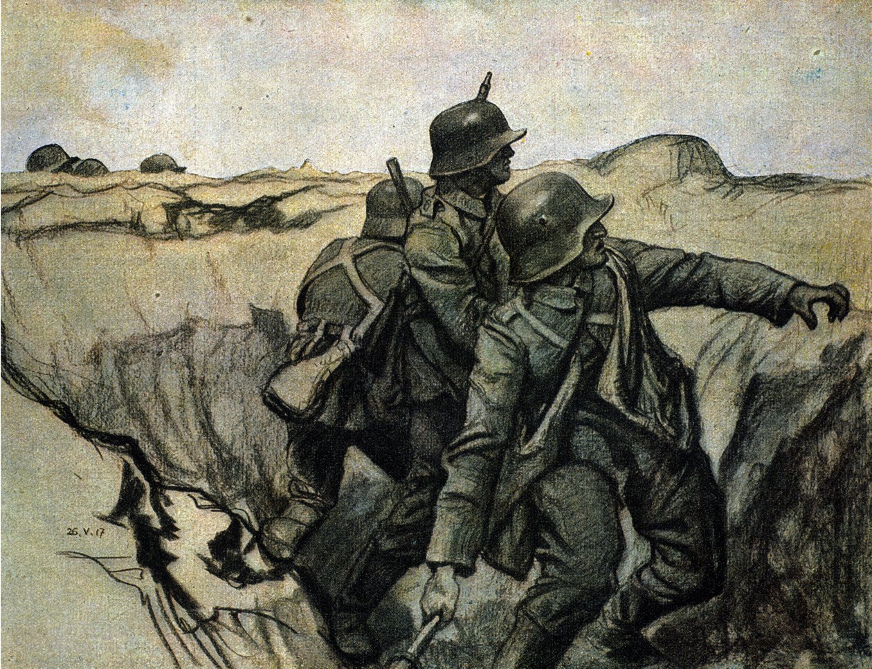 Alman askerleri siperlerden düşman birliklerine el bombası atarken. 26/5/1917. by Unknown Artist