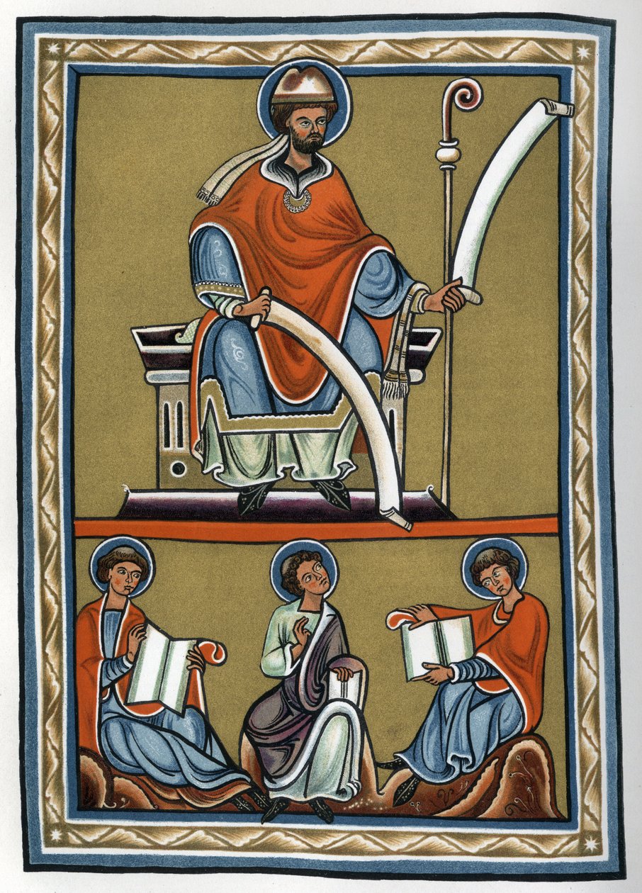 Gilbert de la Porree (Porretanus, skolastik ilahiyatçı) ve öğrencileri Jourdain Fantosme, Yves de Chartres ve Jean Beleth. “” Commentary on the De Trinitate de Boece”” (Boezio) içinde bir 12. yüzyıl minyatürünün 19. yüzyıla ait tıpkıbasımı. Özel koleksiyon by Unknown artist