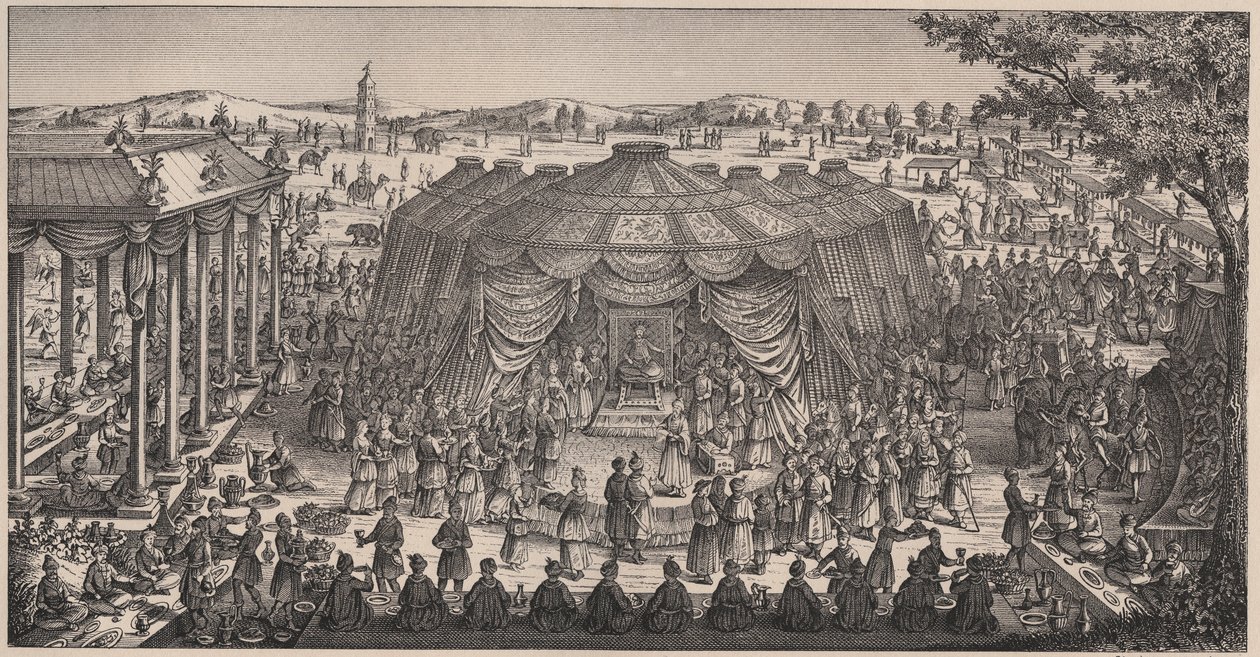 Tamerlan (1336-1405) (veya Timur Lang, “Topal Timur”) tarafından torunlarının evliliğini kutlamak için Khani Gheul ovasında verilen Büyük Ziyafet - Gravür 19. yüzyıl by Unknown artist