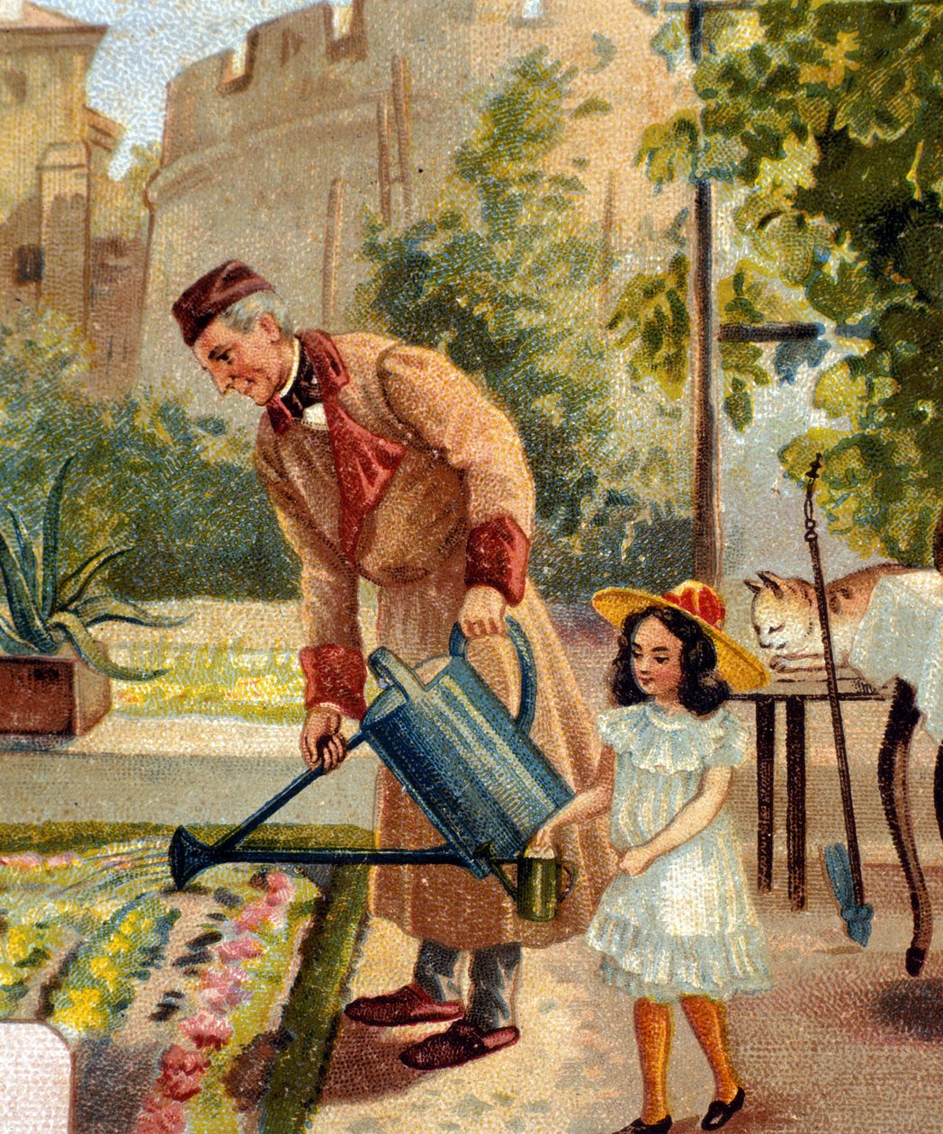19. yüzyılın sonlarında küçük kızı kromolitografisi ile büyükbaba bahçecilik by Unknown artist