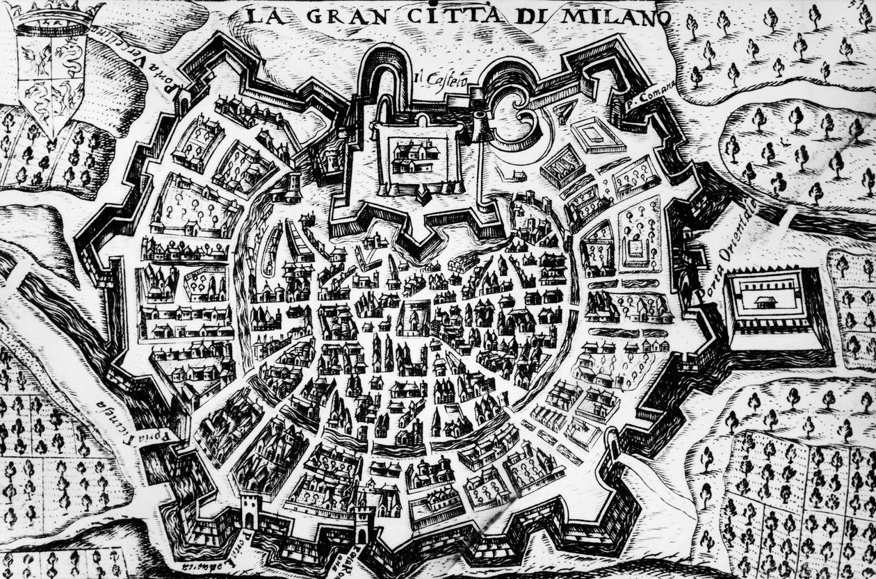 Büyük Milano şehri, Milano, İtalya haritasının gravürü by Unknown artist