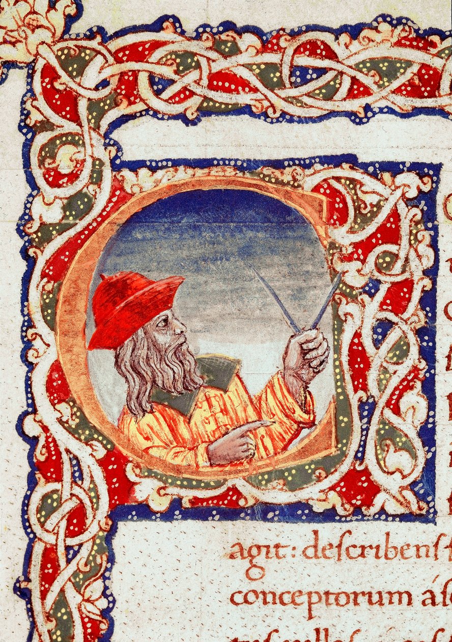 Yunan astronom Claude Ptolemee (Claudius Ptolemaeus) (MS 90-168 civarında) hesaplama yapmak için bir comppa kullanıyor “Cosmographia”dan (Ms. V.F. 32 f.2r) alınan minyatür Napoli, Ulusal Kütüphane by Unknown artist