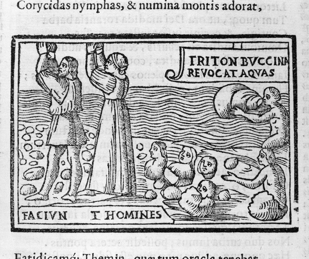Yunan mitolojisi: Deucalion ve Pyrrha, dünyayı doldurmak için tufandan sonra insanları doğuran taşları fırlatır. 16. yüzyılın ksilografisi by Unknown artist