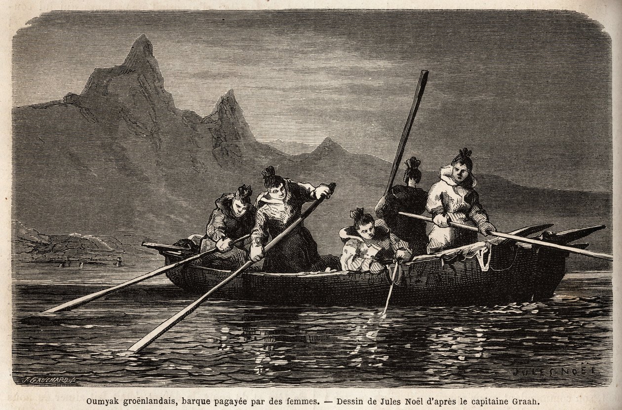Grönland Umyak, kadınlar tarafından işletilen tekne türü. 1860-1862