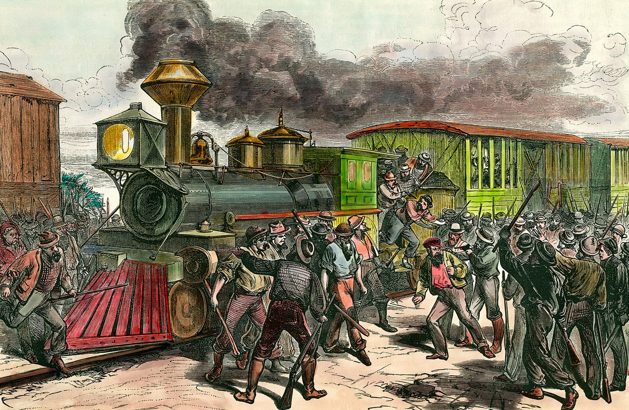 Baltimore, Ohio'yu birbirine bağlayan demiryolu hattında Greve İşçiler, Baltimore'a giden bir trenden sürücüleri ve mühendisleri kovalıyor. 1877 19. yüzyıl gravür Özel Koleksiyon by Unknown artist