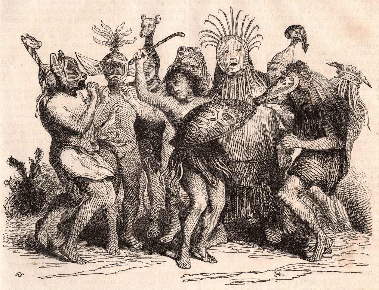 Kostümler, maskeler ve geleneksel başlıklarla dans eden Brezilyalı vahşiler grubu by Unknown