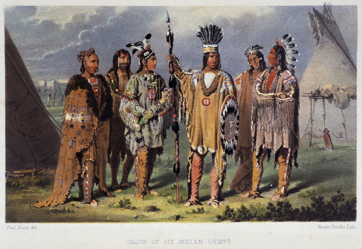Altı Kızılderili Şefi Grubu - Paul Kane, Longmans & Roberts, Londra tarafından “Kuzey Amerika Kızılderilileri Arasında Bir Sanatçının Gezintisi”nde by Unknown artist