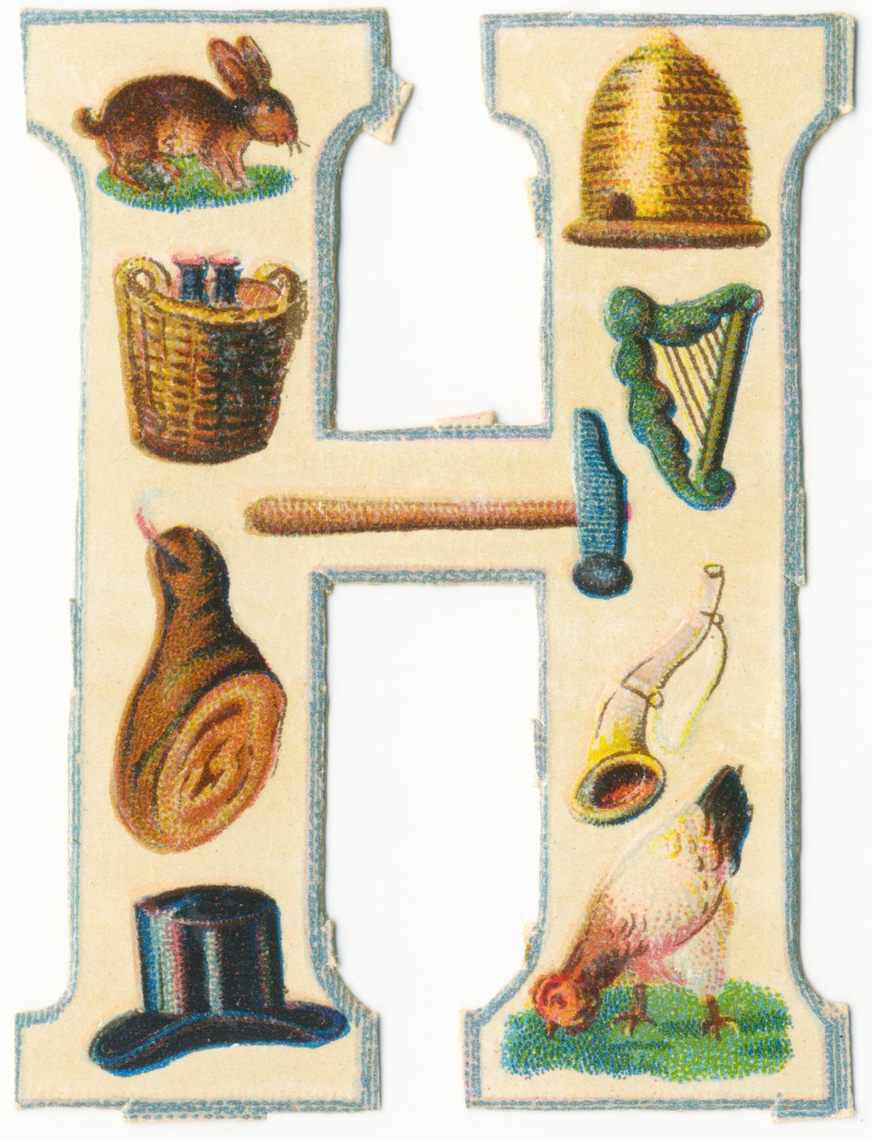 H: tavşan, kovan, hasat sepeti, arp, çekiç, jambon, boynuz, şapka, tavuk (renkli taş) by Unknown artist