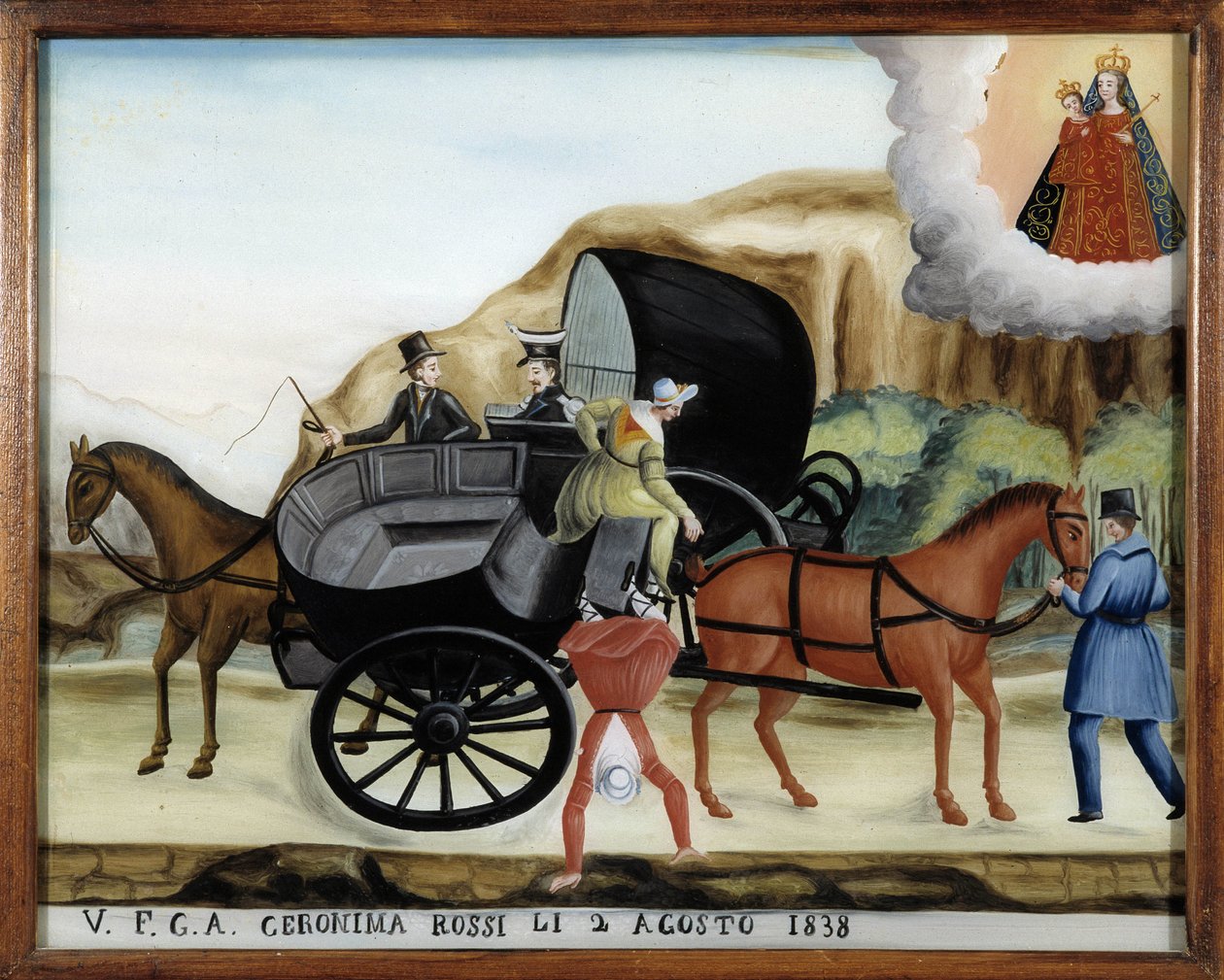 İki carriole ve bir yolcunun düşüşü arasında asılı - Cam üzerine boyama, eski voto Notre Dame de Laghet by Unknown artist