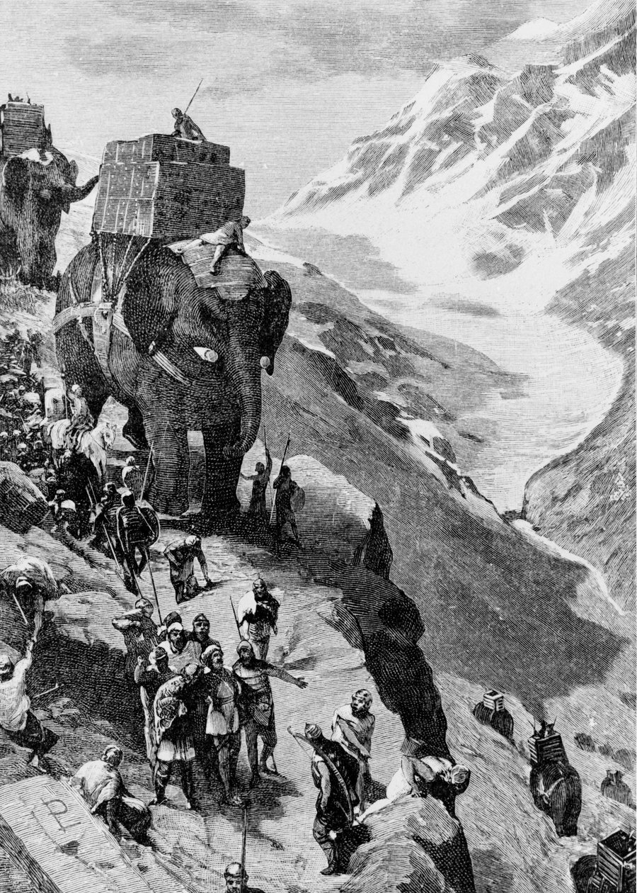 Hannibal, Alpleri fillerle geçer ve MÖ 218'de İtalya'ya gelir. (İkinci Pön Savaşı). 19. yüzyılın gravürü. by Unknown artist