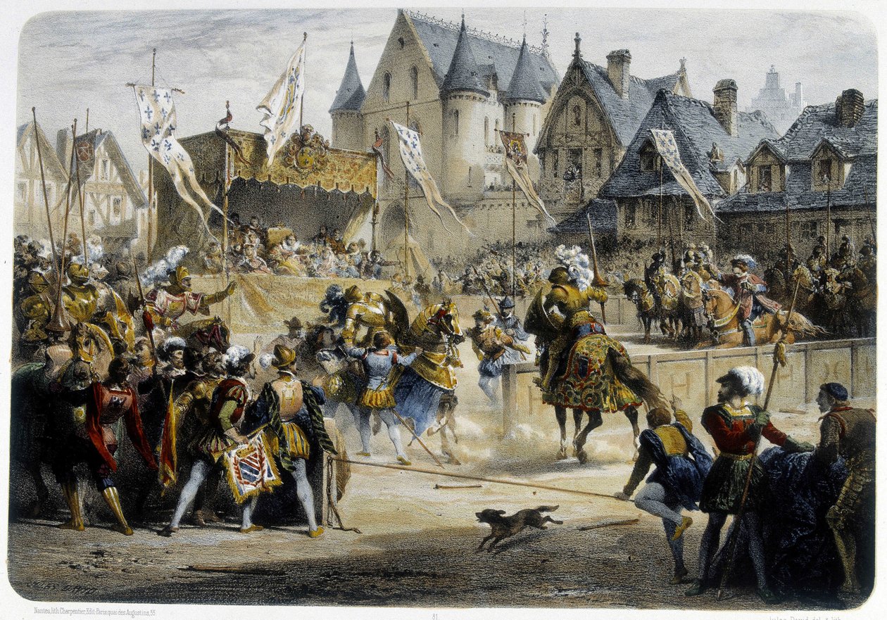 II. Henri (1519 - 1559) 29 Haziran 1559, rue St Antoine, Palais des Tournelles önünde Montgomery tarafından ölümcül şekilde yaralandı - litografi by Unknown artist