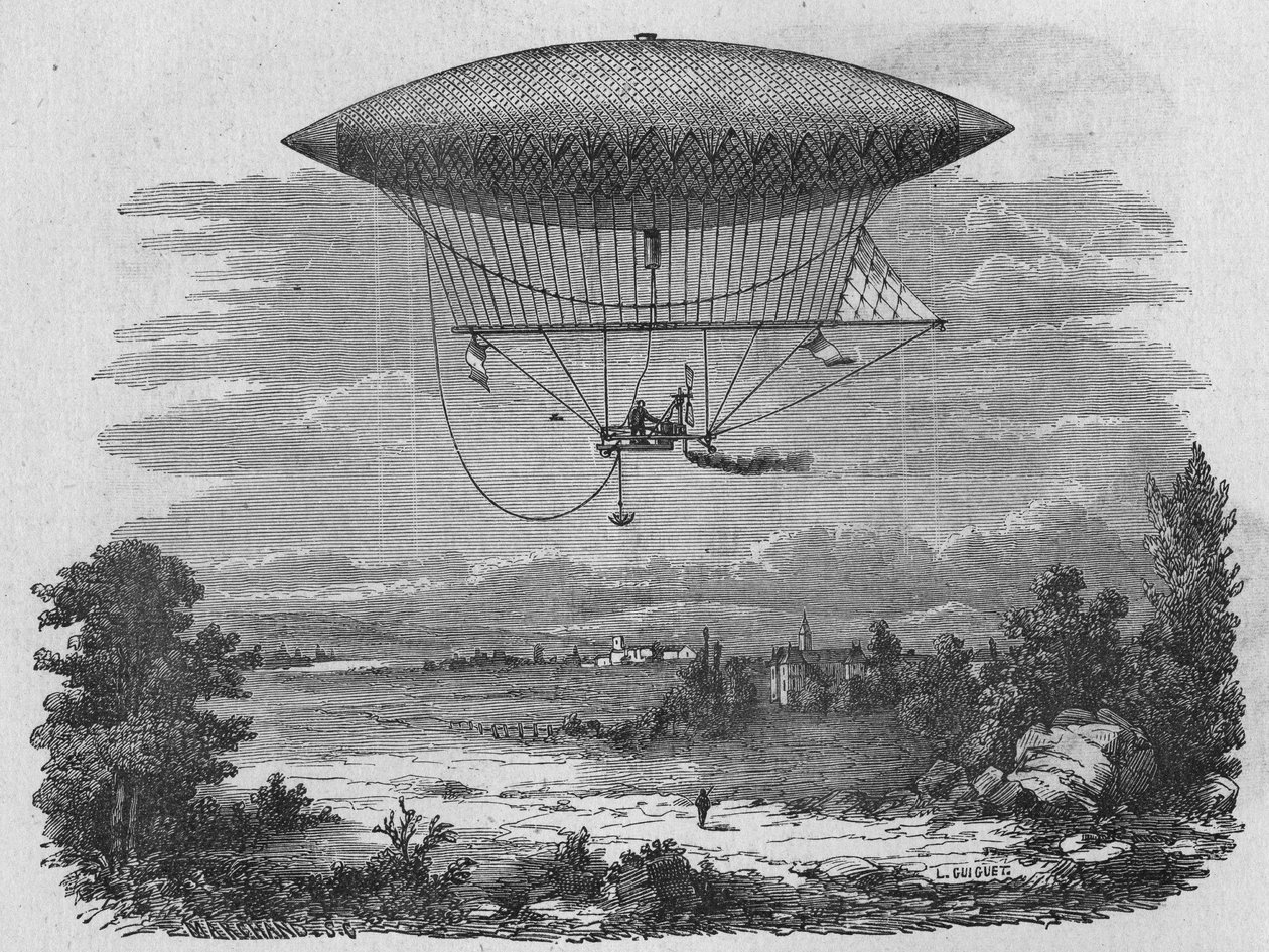 Henry Giffard 44 metre uzunluğunda bir buharlı aerostat test ediyor. “Album of Science”da, Editions Jouvet by Unknown artist
