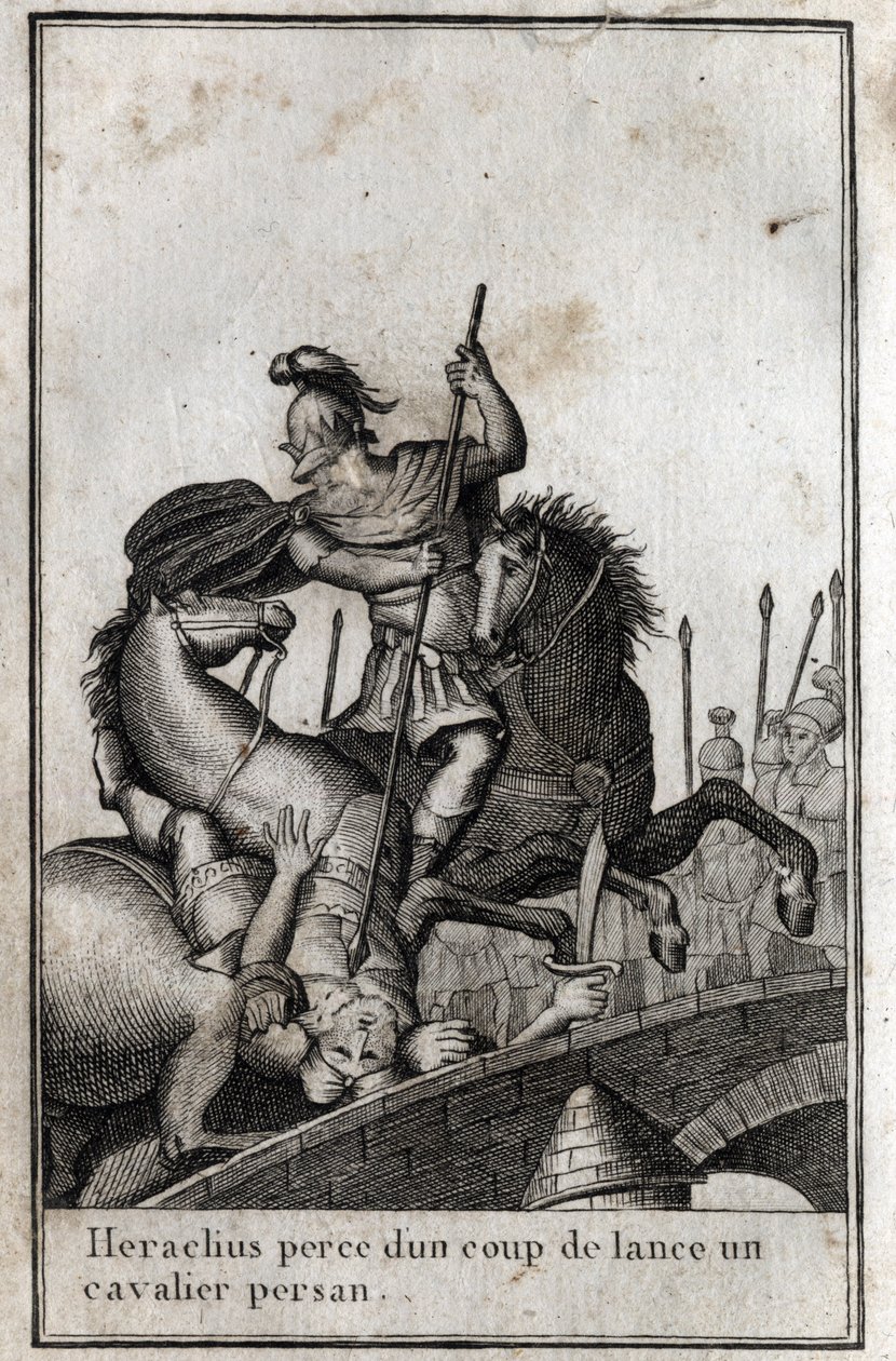 Herakleios I (Flavius Heraclius, Herakleios (yaklaşık 575-610/641), Bizans imparatoru, mızraklı bir Pers süvarisi (Perslere karşı savaş), 7. yüzyıl. P. J. B. N. 1814