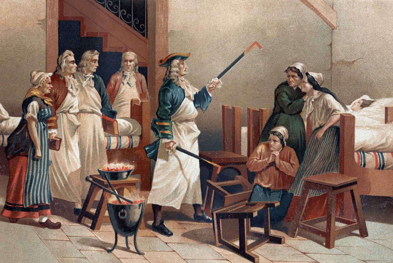 Hermann Leyde Boerhaave (1688-1738), Hollandalı doktor, öğrencileriyle Leyde Hastanesinin histerik kadınlarının önünde. “La Ciencia y sus Hombres par Louis Figuier”den sonra. Barselona 1881 by Unknown artist