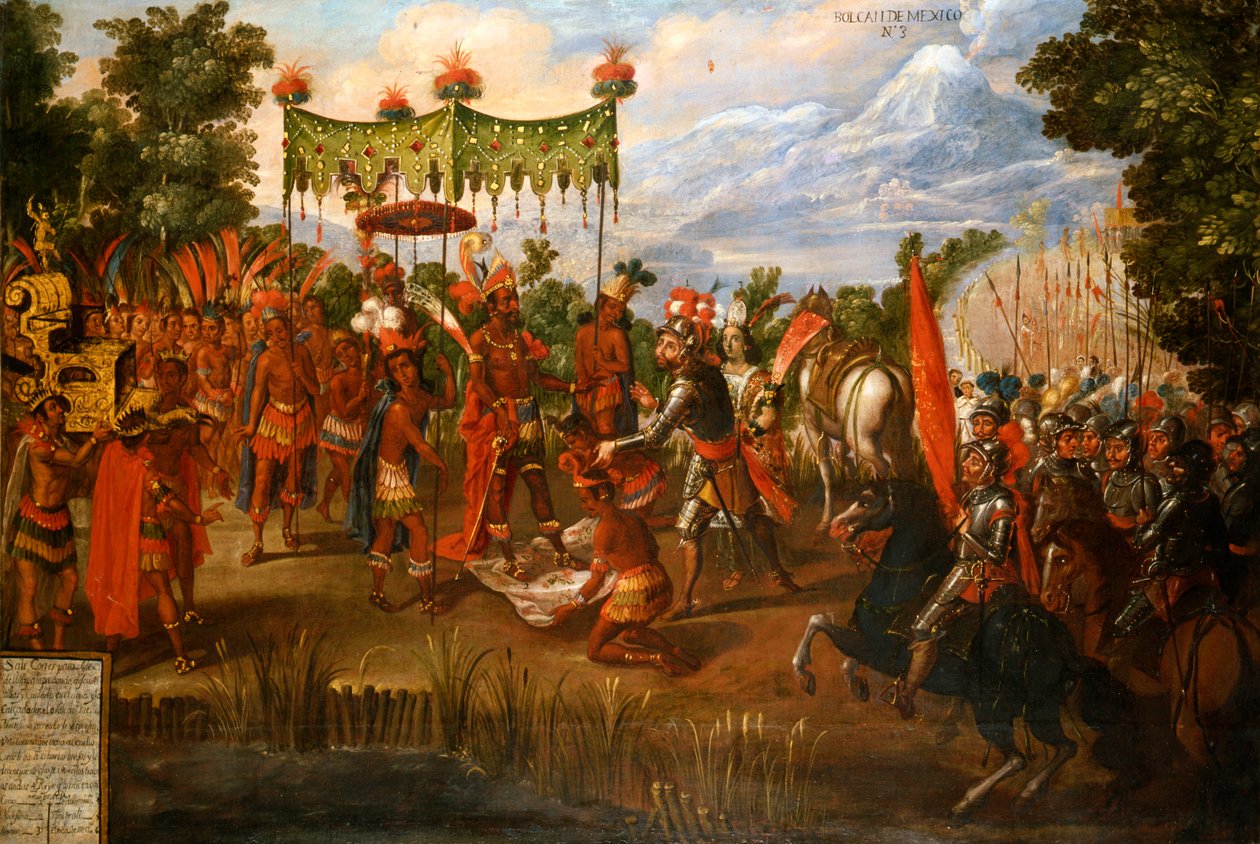 Hernan Cortes, İmparator Moctezuma ile tanışır by Unknown artist