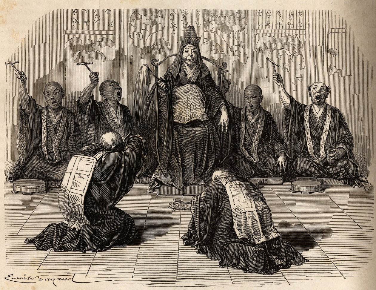 Yüksek Budist rahip, ayinini gong ve zillerle ritmik hale getiren öğrencileriyle çevrili, hayran olunuyor. İsviçre Konfederasyonu bakanı Aime Humbert tarafından 1863-1864
