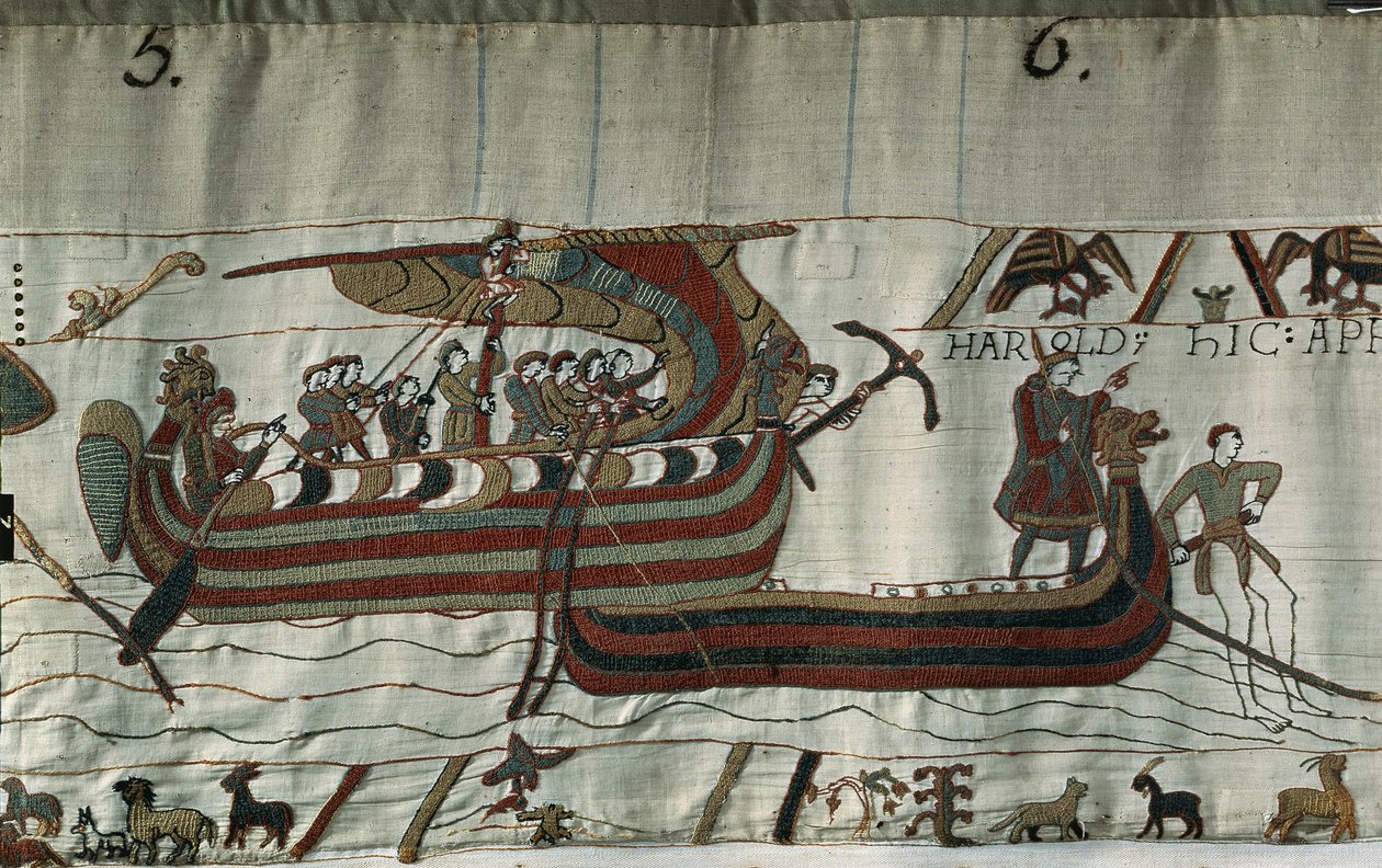 Fırtına tarafından kaçırılan II. Harold (1022 - 1066) (bir drakkar) gemisi, Kraliçe Mathilde Nakış olarak bilinen Ponthieu - Bayeux Goblen sahilinde karaya oturdu by Unknown artist