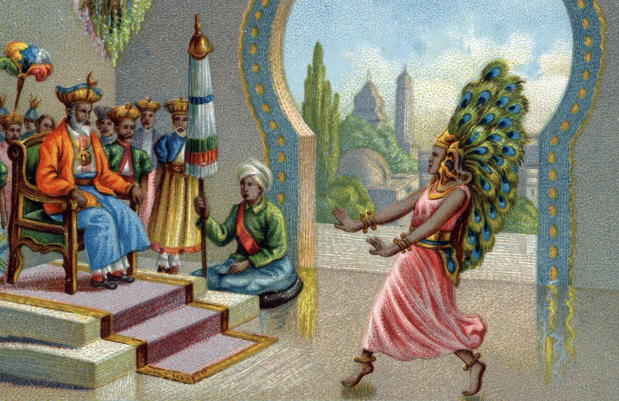 Tavus kuşu tüyleriyle süslenmiş Hindu dansçısı: sakinler kendilerini tavus kuşu tüyleriyle süsler veya kuyruklar yaparlar. 19. yüzyılın kromolitografisi by Unknown artist