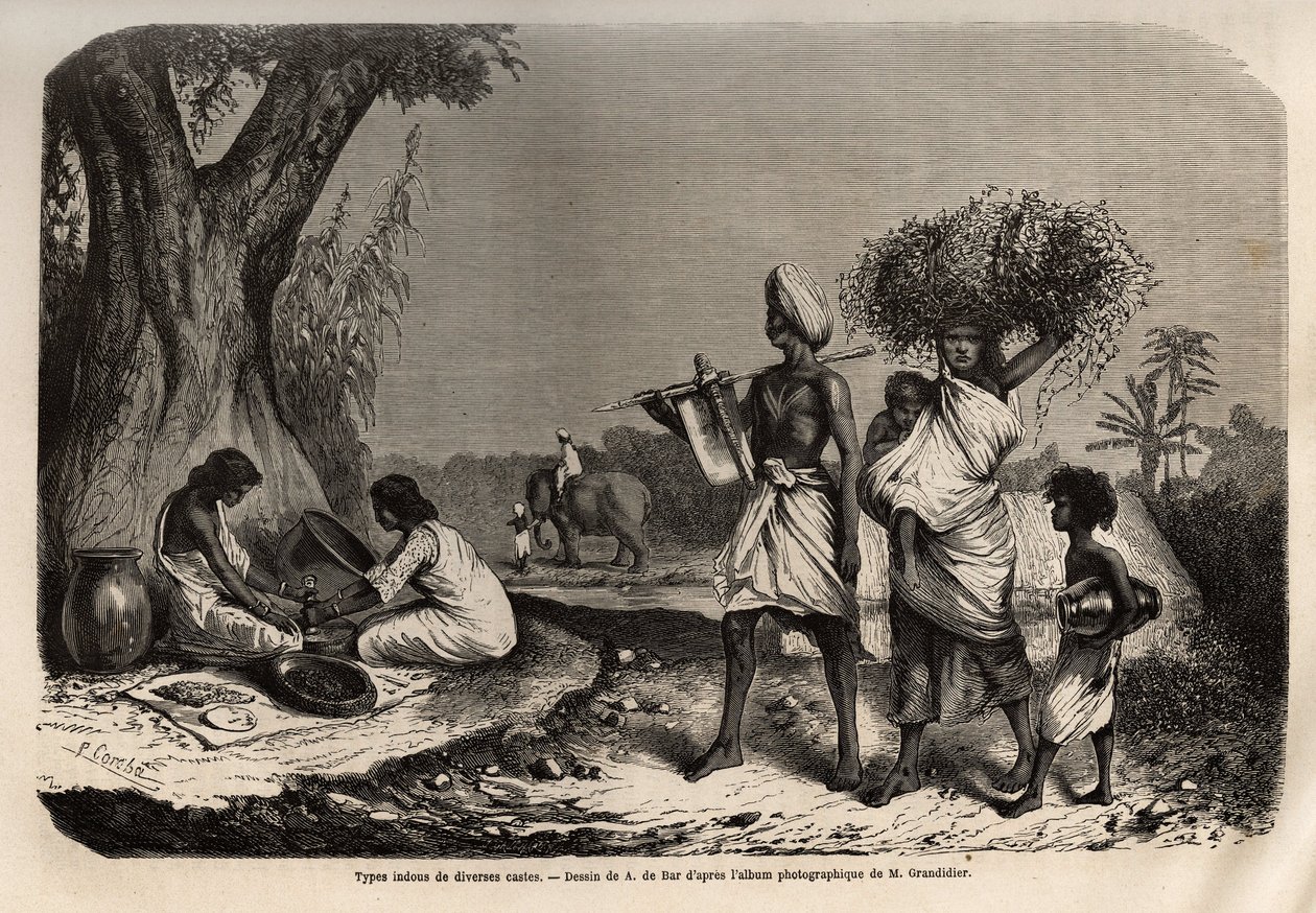 Çeşitli kastların Hindu türleri, bir vaysias ailesi (tüccarlar), ağacın dibinde, sudras kastından iki kadın by Unknown artist