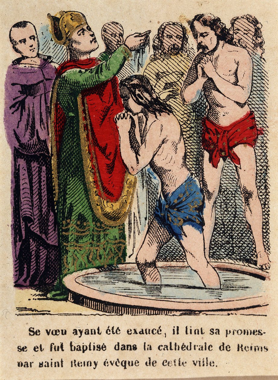 Yeminini yerine getirmişti, Clovis Reims katedralinde şehrin piskoposu Saint Rémi tarafından vaftiz edildi. by Unknown artist