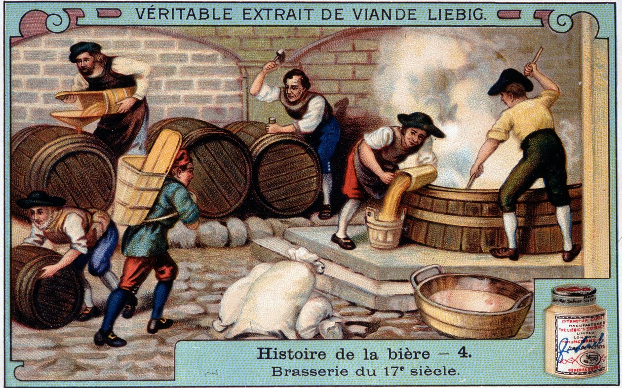 Biranın tarihi: 18. yüzyılda bira fabrikası - Liebig reklam çıkartması by Unknown artist