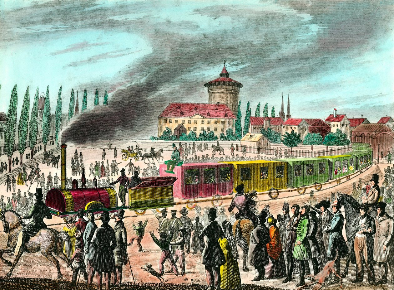 Toplu taşımanın tarihi: Paris ve Versailles arasındaki demiryolu. 19. yüzyılın gravürü. Özel koleksiyon by Unknown artist