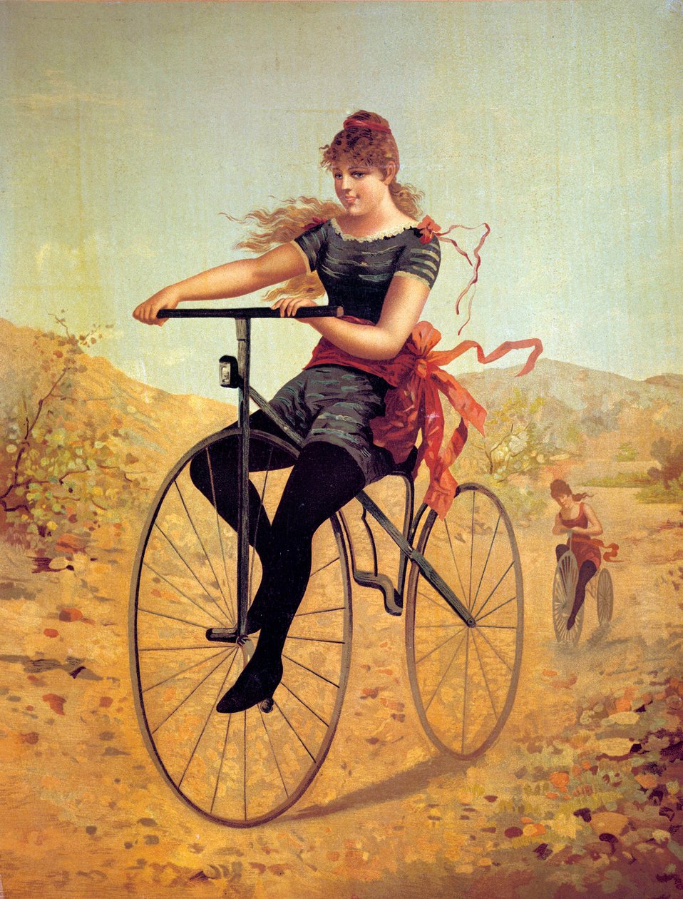 Bisikletin tarihi: velocipedist veya bisikletli bir kadın pedalı. 19. yüzyılın baskıları by Unknown artist