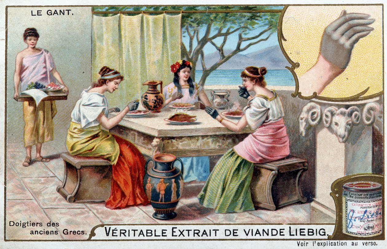 Eldivenin tarihi: eski Yunanlıların parmakları - Liebig kromolitografisi by Unknown artist