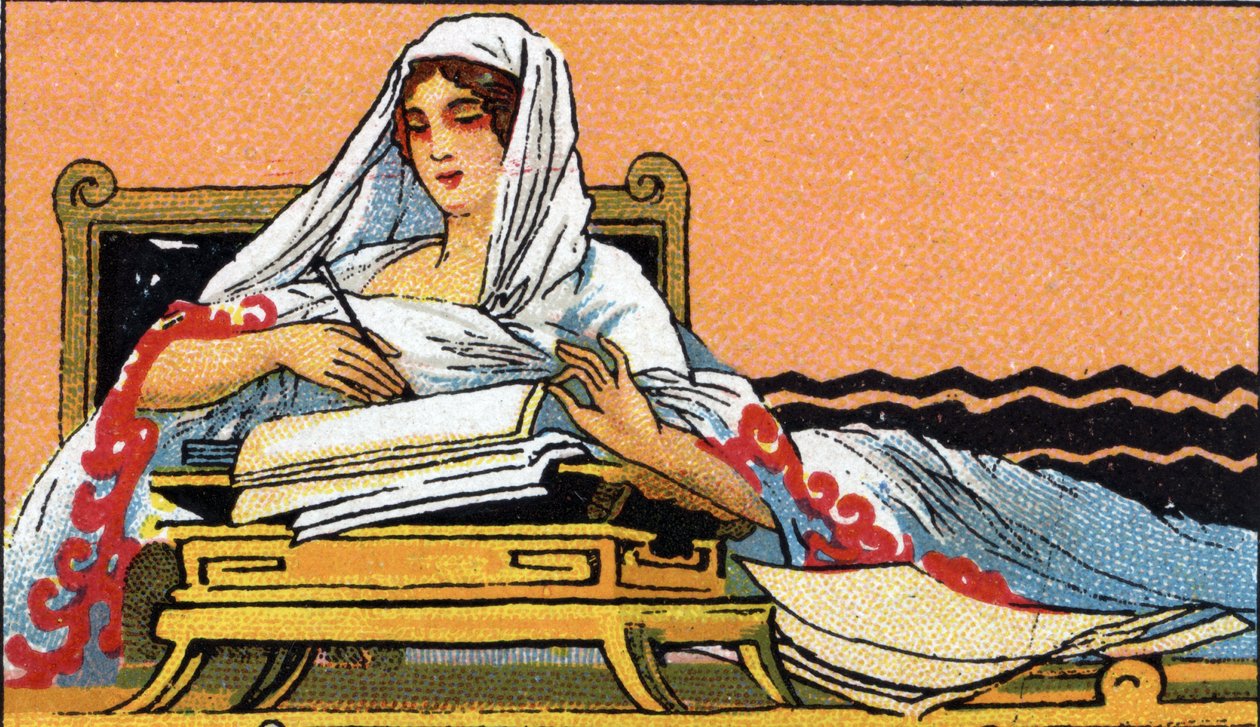 Yazının tarihi: Latince bir deftere yazı yazan genç bir kadın, 20. yüzyılın başları (chromo) by Unknown Artist