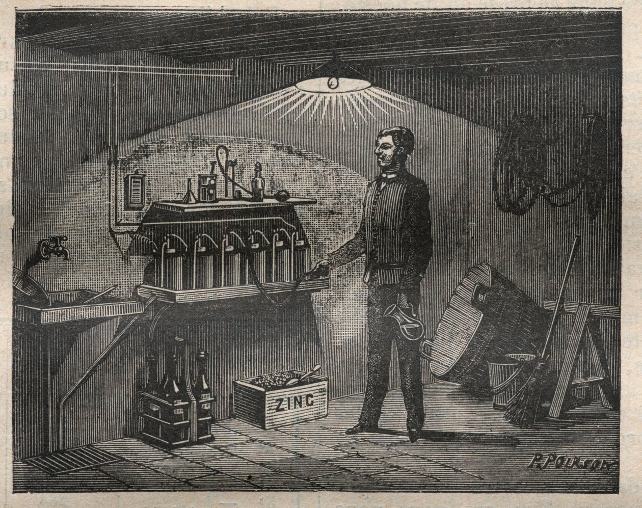Ev Elektrik: Radiguet tarafından bir mahzende icat edilen pilin montajı - “La Science francaise” de Gravür by Unknown artist