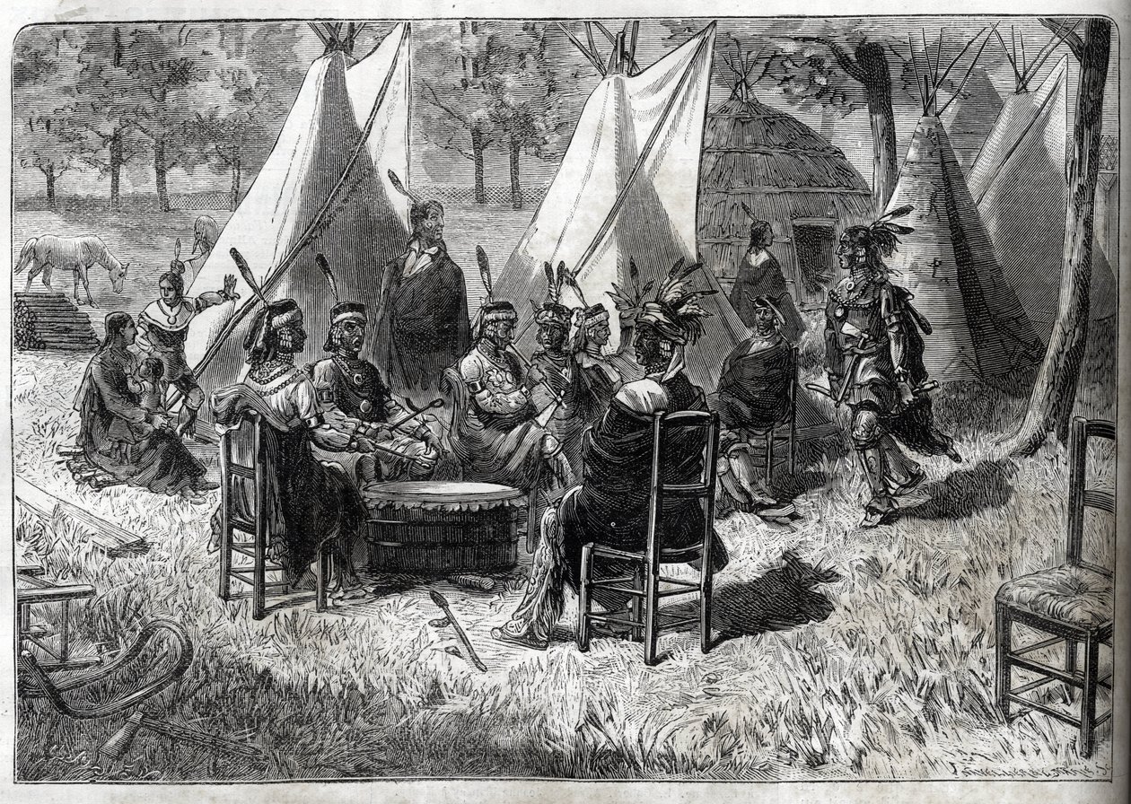 İnsan Hayvanat Bahçeleri - İnsan Hayvanat Bahçesi - Etnolojik Sergiler - İklimlendirme Bahçesinde Mohas Kızılderilileri (The Illustrious Diary of 1883) - Onbeş Nebraska Amerindians by Unknown artist