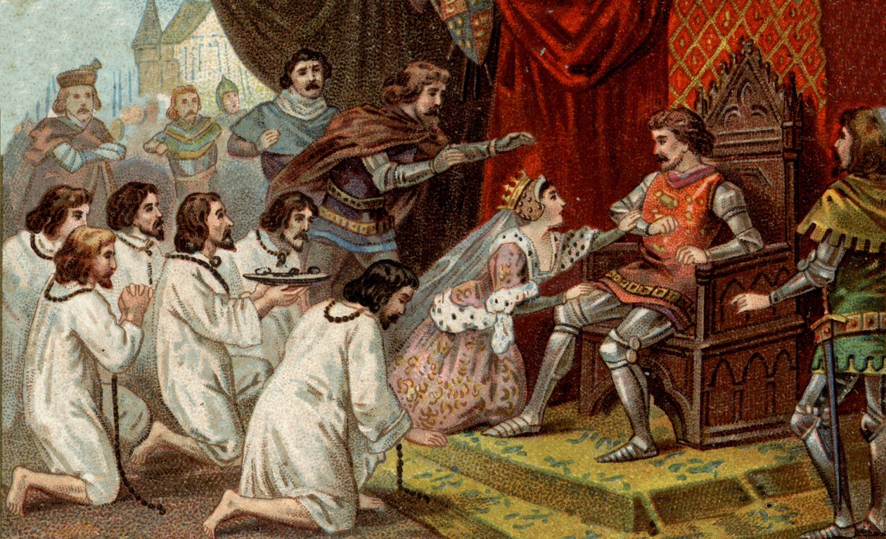 Yüzyıl Savaşları. Calais Burjuvası: Aziz Peter Eustache ve arkadaşlarının İngiltere Kralı III. 19. yüzyılın sonlarında kromolitografi. by Unknown artist