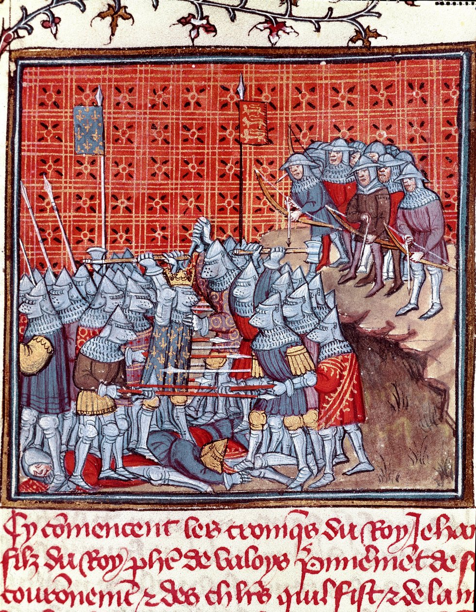 Yüz Yıl Savaşları: “” Fransa Kralı İyi John (1319-1364) bir savaş sırasında””” Minyatür “” Les grandes Chronicles de France””” Jean Froissart (1337-1400) 14. yüzyıl Chantilly , Musee Conde by Unknown artist
