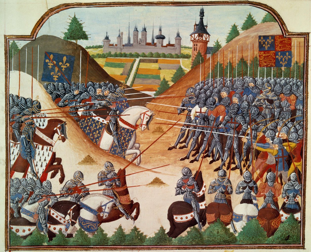 Yüz Yıl Savaşı: Thomas Kyriell ve Jean de Clermont'un İngiliz ordusu arasında 15/04/1450'de Formigny (Calvados) savaşı. Mar tarafından düzenlenen Jean Chartier'in kroniklerindeki “Vigiles du roi Charles VII” el yazmasından aydınlatılan minyatür by Unknown artist