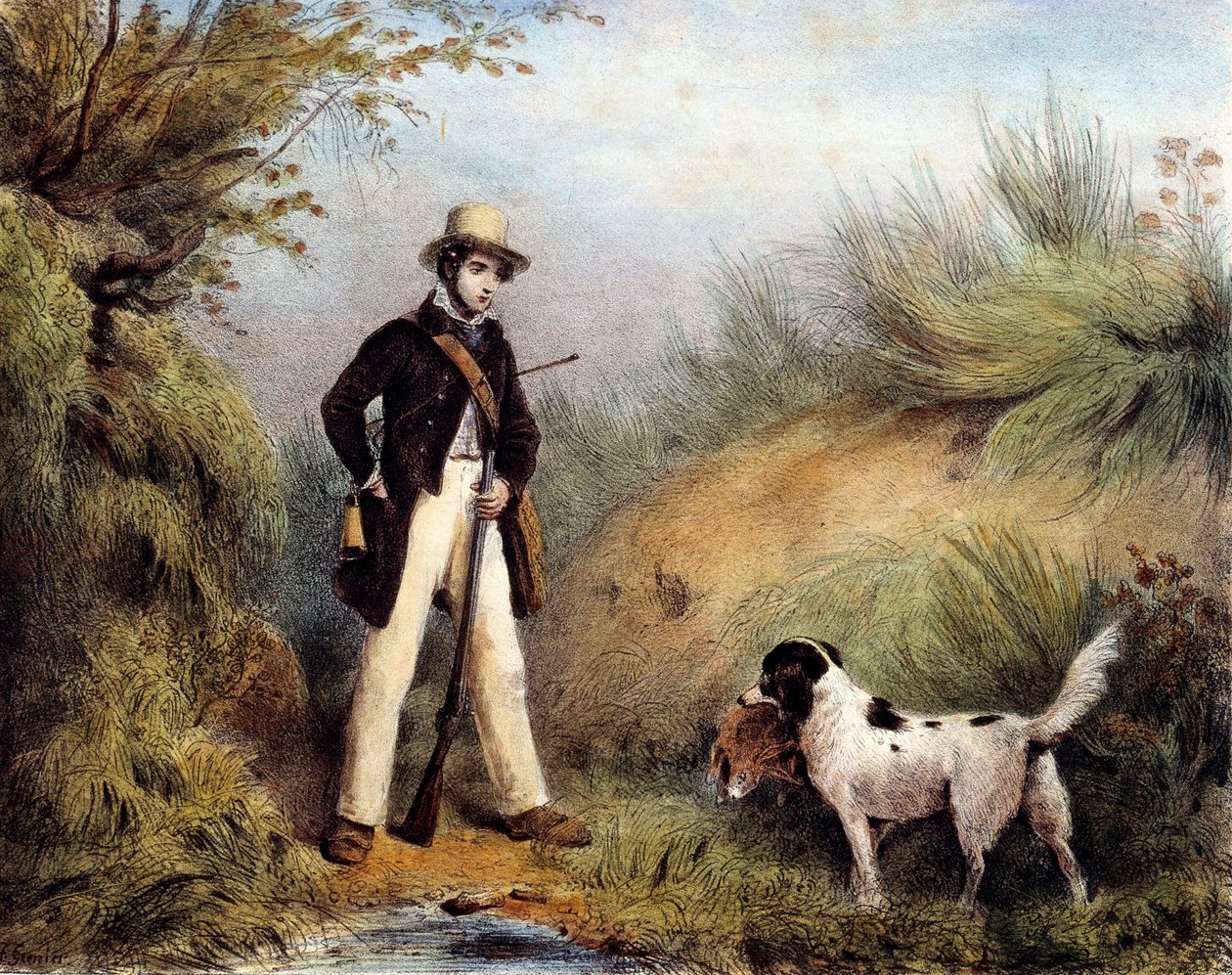 Köpeğiyle avcı. 19. yüzyıl baskısı. Gien, av müzesi by Unknown artist