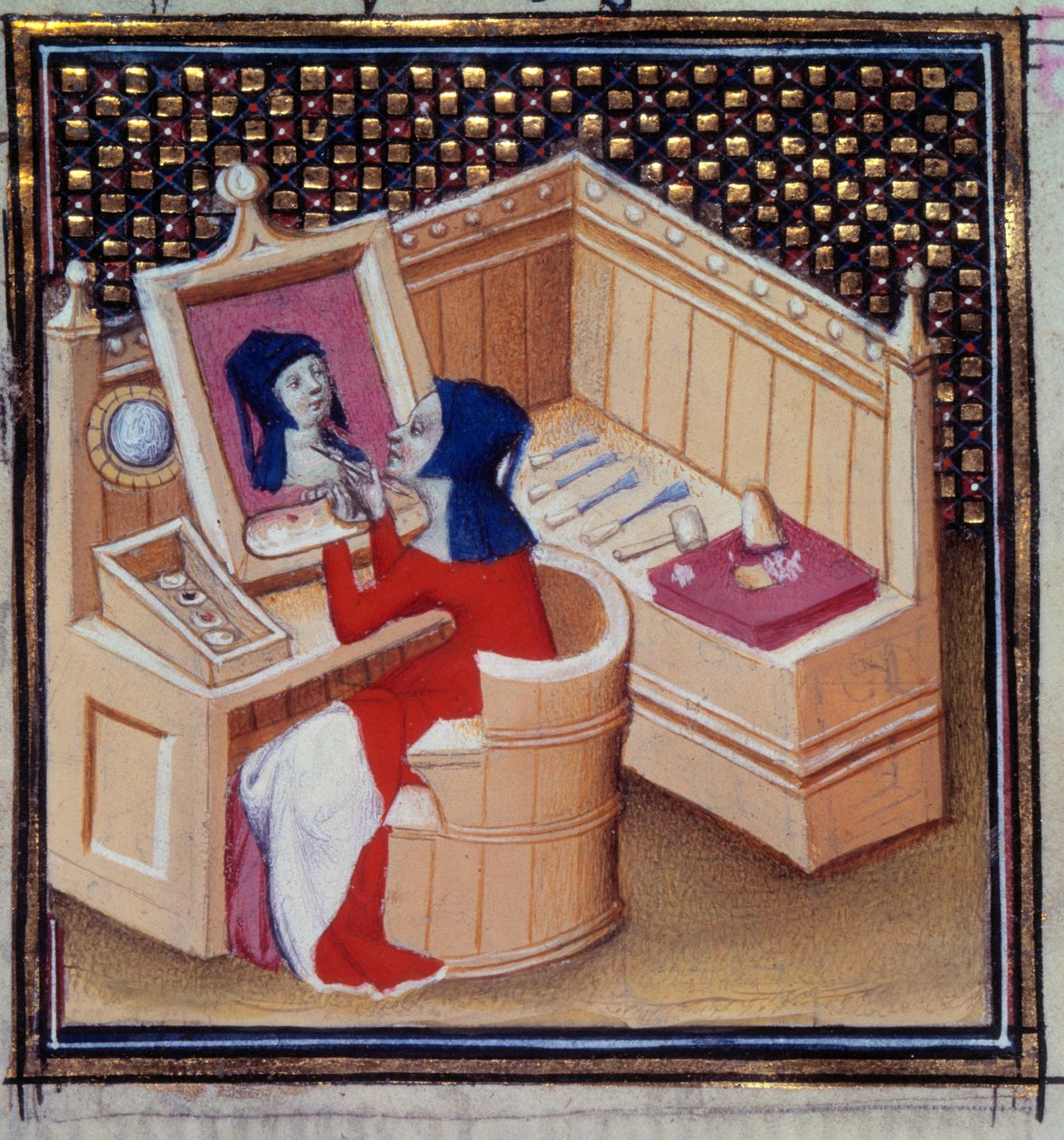 Iaia (Marcia de Cyzicus), bir Roma ressamı, Giovanni Boccacio (Boccace) tarafından “” De mulieribus claris””” (Des clair et asil femmes)””den kendi minyatür portresini çiziyor (1313-1373) by Unknown artist