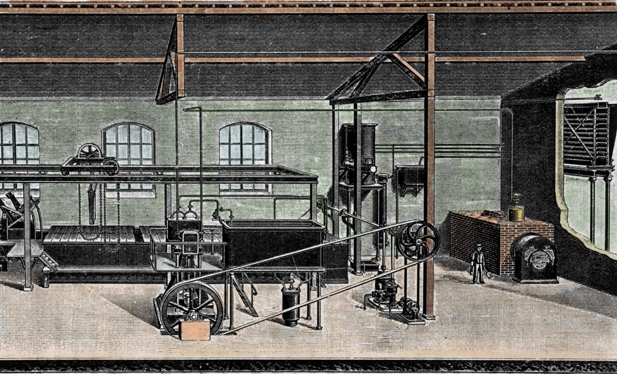 Buz üretimi: gümrük montajı. 19. yüzyıl gravürü by Unknown artist