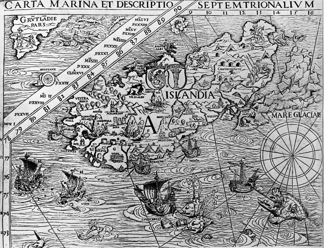 İzlanda, yaklaşık 1539, İsveç Başpiskoposu Olaus Magnus (1490-1557) tarafından Carta yat limanından detay by Unknown artist
