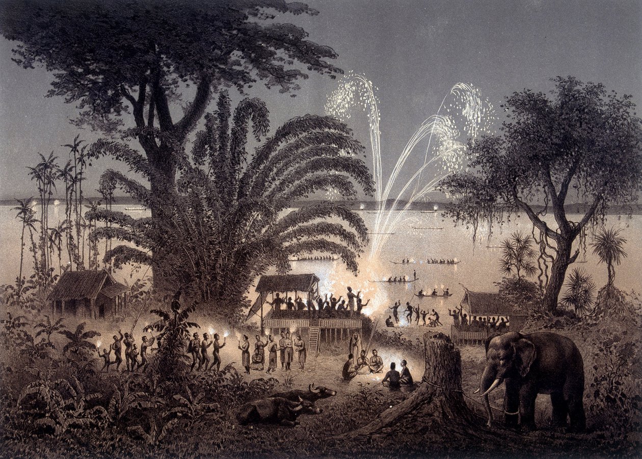 Bassac, Siyam Laos Festivali sırasında nehrin aydınlatması. F. Garnier 1873 başkanlığında yayınlanan “” 1866-1868 yıllarında Çinhindi