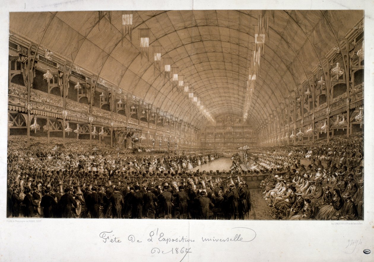 1867 Uluslararası Fuarı'nı (Exposition Universelle d'art et l'Industrie) tasvir eden illüstrasyon, 1 Nisan - 3 Kasım 1867 tarihleri arasında Paris'te düzenlenen ikinci dünya fuarıydı. Fuarda kırk iki ülke temsil edildi. Bir kararnamenin ard by Unknown artist