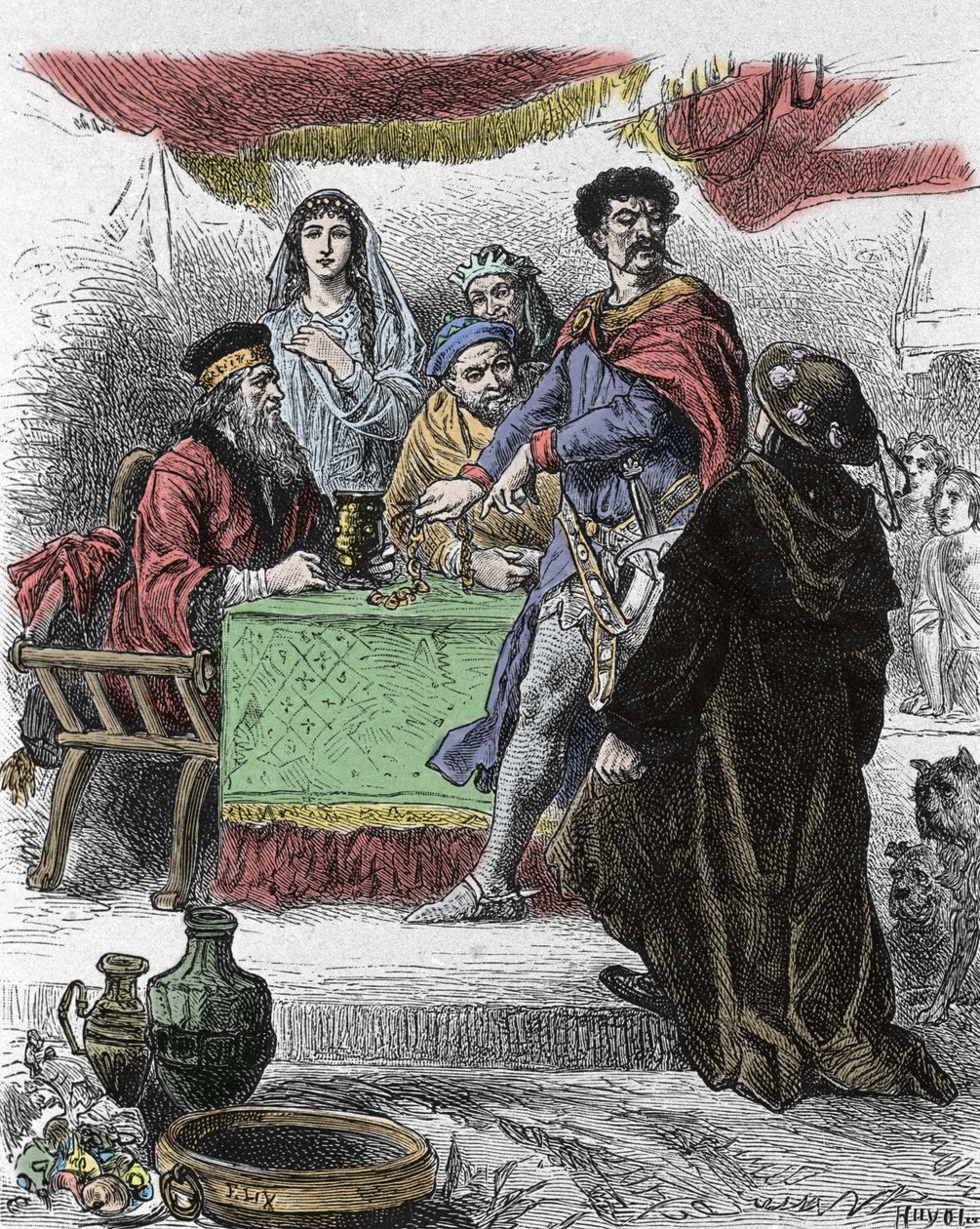 İskoç yazar Walter Scott (1771-1832) tarafından “Ivanhoe” için illüstrasyon: Ivanhoe, Sakson Şövalye Brian de Bois Guilbert tarafından sorgulanıyor. by Unknown artist