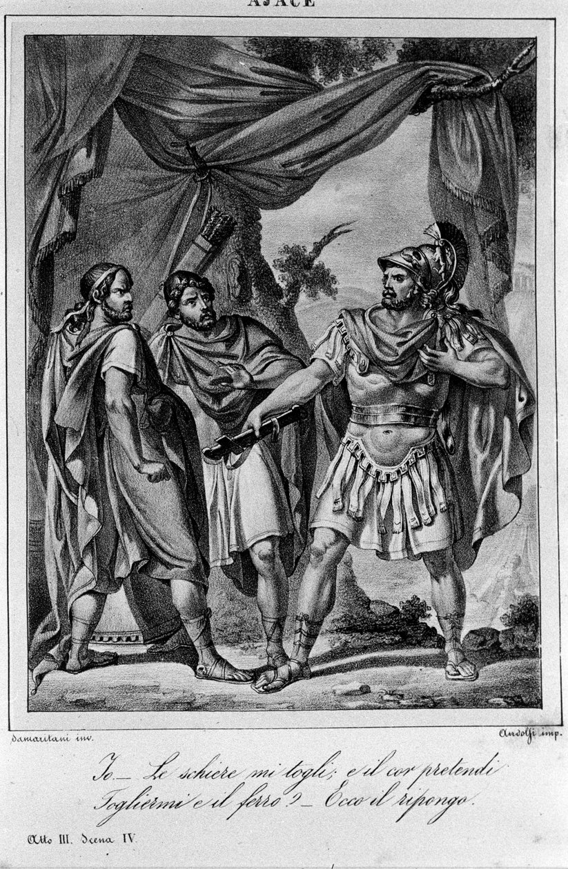 İtalyan şair ve oyun yazarı Ugo Foscolo (1778-1827) tarafından “Ajax”ın (Aiace) IV. Perdesinin 3. Sahnesi için İllüstrasyon 19. yüzyıl by Unknown artist