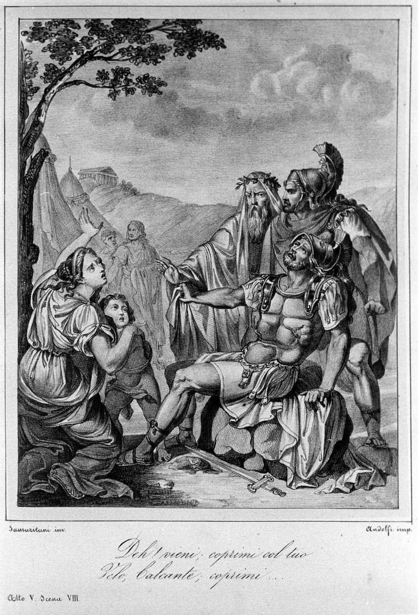 İtalyan şair ve oyun yazarı Ugo Foscolo (1778-1827) tarafından “Ajax”ın (Aiace) V. Perdesinin 8. Sahnesi için İllüstrasyon 19. yüzyıl by Unknown artist