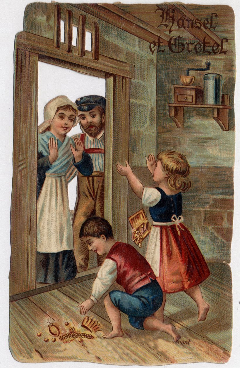 Grimm kardeşlerin hikayesi “Hansel ve Gretel” için illüstrasyon: Hansel ve Gretel evlerine döndüler, sahip oldukları mücevherleri ebeveynlerine verdiler. 19. yüzyılın sonlarında kromolitografi. by Unknown artist