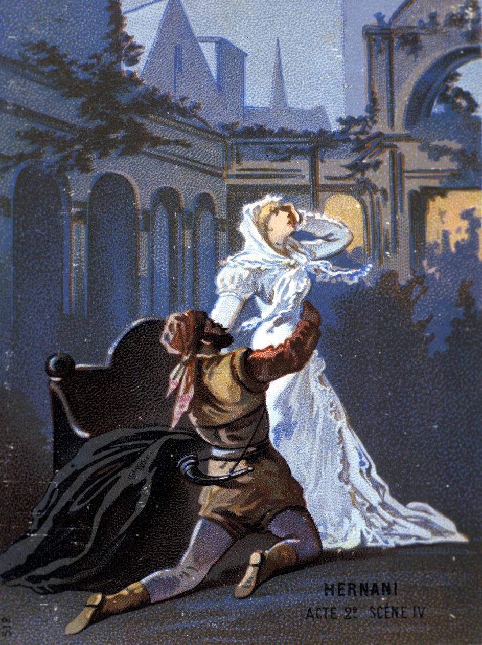 İtalyan besteci Giuseppe Verdi'nin (1813 - 1901) “Ernani” çizimi, II. Perde, 4. sahne, 1844'te Victor Hugo'nun “Hernani” trajedisinden sonra oluşturulan opera. 19. yüzyılın sonlarına ait kromolitograf.. by Unknown artist