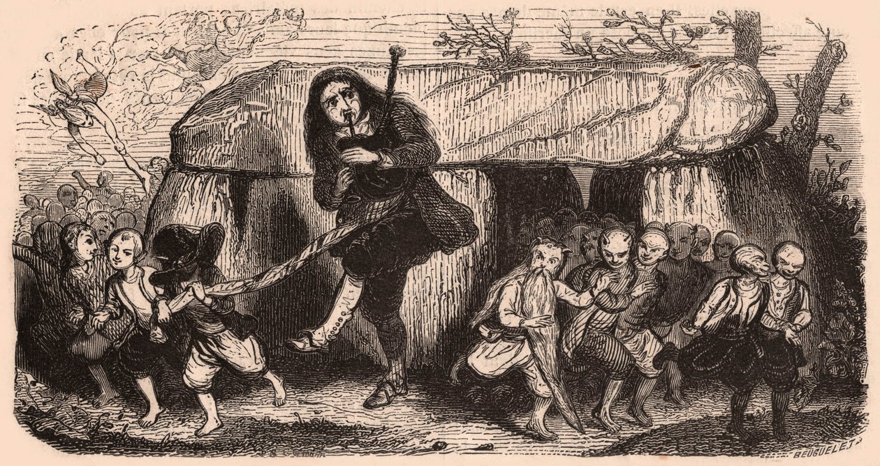 Breton geleneklerinden sonra bir efsanenin illüstrasyonu: Lao gaydacı ve bir dolmenin önünde dans eden goblinler by Unknown
