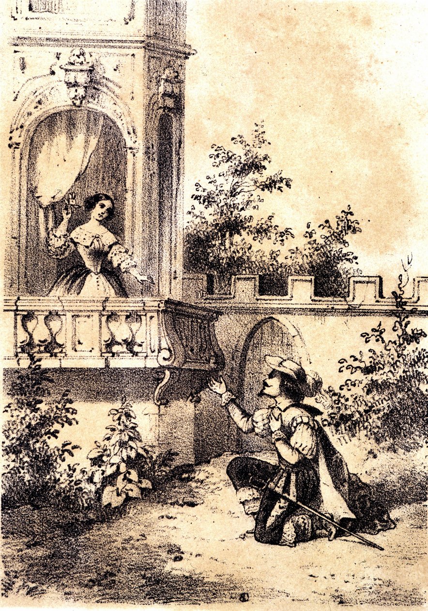“Kral davul çaldı” şarkısının illüstrasyonu: penceresindeki bir kadına aşkını ilan eden bir adam. SD. by Unknown artist